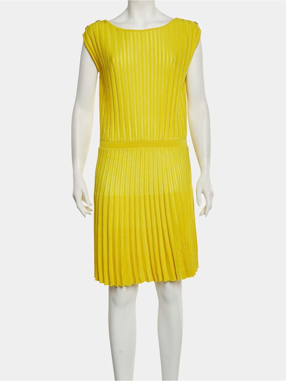 VERSACE Yellow Sleeveless Rib Knit Pleated Flared Mini Dress Size 42